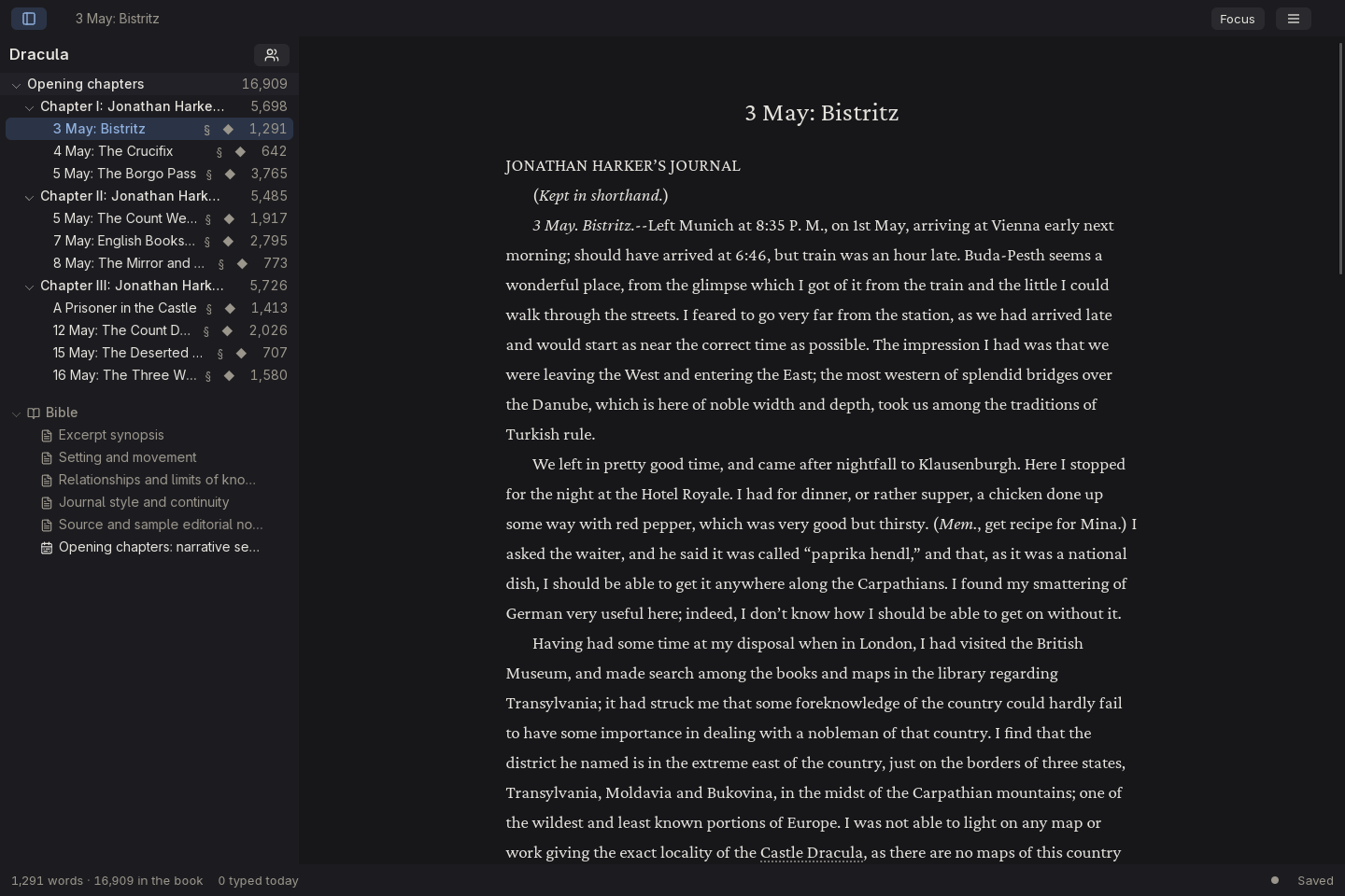 garret editor in dark mode with a Dracula manuscript and chapter navigation