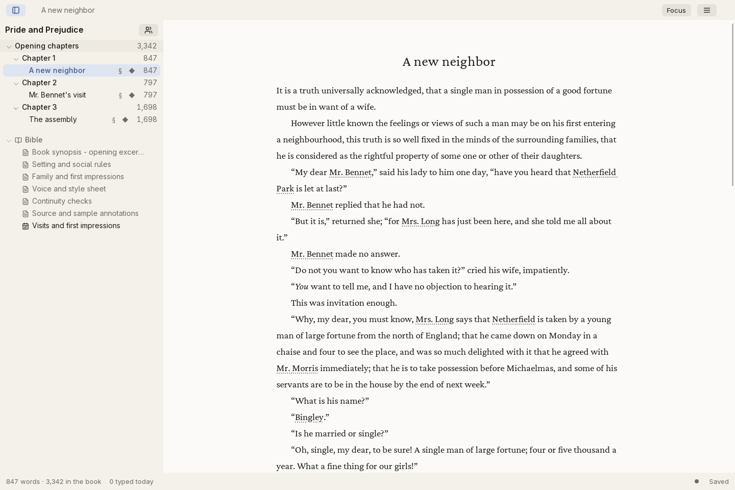 garret editor with a Pride and Prejudice manuscript, chapter navigation, and writing tools